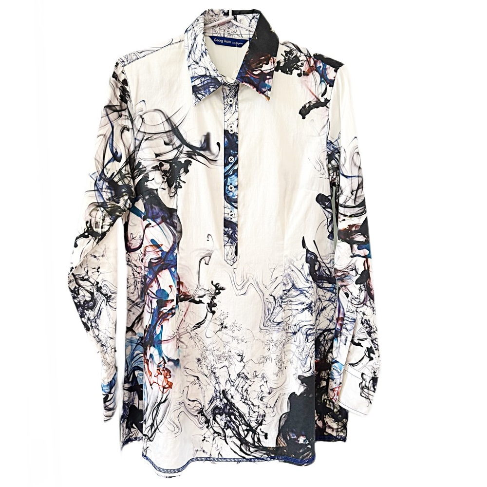 Georg Roth Los Angeles Abstract Print Cotton Blouse White & Blue Size XS NWT